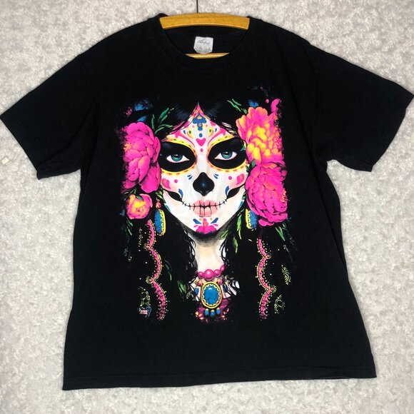 Sugar Skull Colorful Print Graphic Tee Shirt Size Large - Picture 1 of 5